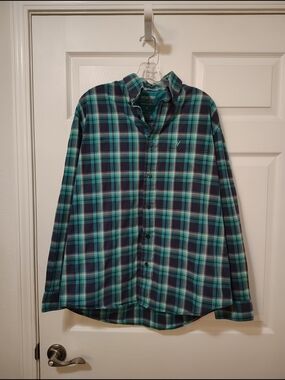 Wrangler Men's Teal and Navy Plaid Button-Down Shirt